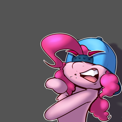 Size: 2400x2400 | Tagged: safe, artist:captainpudgemuffin, pinkie pie, earth pony, pony, g4, backwards ballcap, baseball cap, cap, cheek fluff, chest fluff, cute, diapinkes, female, gangsta, gangster, gray background, hat, high res, mare, open mouth, pinkie being pinkie, rapping, shoulder fluff, silly, silly pony, simple background, solo, talking, wardrobe misuse