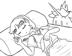 Size: 1280x989 | Tagged: safe, artist:redanon, princess luna, oc, oc:femanon, human, g4, creepy, femanon in malequestria, monochrome, partially undressed, prince artemis, rule 63, sleeping, watching