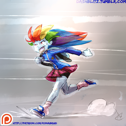 Size: 1000x1000 | Tagged: safe, artist:manic-the-lad, rainbow dash, equestria girls, g4, a dash of everything, clothes, compression shorts, female, gotta go fast, jacket, patreon, patreon logo, pleated skirt, poptart, schoolgirl toast, shoes, shorts, skirt, sneakers, socks, solo, sonic the hedgehog, sonic the hedgehog (series)