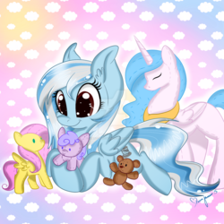 Size: 1280x1280 | Tagged: safe, artist:pvrii, fluttershy, princess celestia, oc, oc:glitterfrost, g4, plushie, teddy bear, watermark