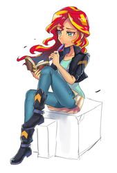 Size: 800x1180 | Tagged: safe, artist:tzc, sunset shimmer, equestria girls, g4, book, boots, clothes, female, jacket, pants, shoes, simple background, sitting, solo, white background, worried