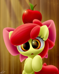 Size: 2000x2500 | Tagged: safe, artist:symbianl, apple bloom, earth pony, pony, g4, adorabloom, apple, balancing, cute, female, food, high res, hooves to the chest, open mouth, solo, william tell