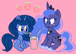 Size: 1024x737 | Tagged: safe, artist:cherucat, princess luna, oc, oc:reverie charm, g4, food, strawberry