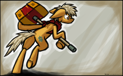 Size: 2000x1250 | Tagged: safe, artist:stridah, pony, bastion (game), bipedal, hammer, male, ponified, solo, stallion, the kid, war hammer, weapon