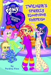Size: 1024x1502 | Tagged: safe, applejack, fluttershy, pinkie pie, spike, spike the regular dog, sunset shimmer, twilight sparkle, dog, equestria girls, g4, my little pony: equestria girls: twilight's sparkly sleepover surprise, book, book cover, clothes, cover, equestria girls logo, error, female, footed sleeper, glasses, i can't believe it's not sci-twi, loose hair, male, open mouth, pajamas, perdita finn, sleepover, slippers, smiling, twilight sparkle (alicorn), waving