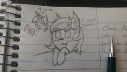 Size: 2688x1520 | Tagged: safe, artist:bigshot232, twilight sparkle, oc, oc:filly anon, g4, annoyed, bed, blushing, book, dialogue, duo, female, filly, grayscale, lined paper, monochrome, photo, scrunchy face, smiling, traditional art