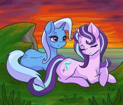 Size: 3898x3322 | Tagged: safe, artist:pitchyy, starlight glimmer, trixie, pony, unicorn, g4, alternate hairstyle, cute, duo, eyes closed, female, grass, high res, lesbian, lidded eyes, lying down, mare, outdoors, prehensile tail, ship:startrix, shipping, smiling, tail, tail hold, water