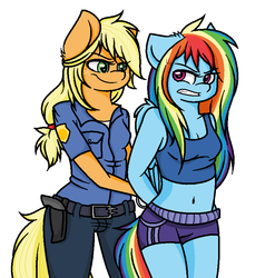 Size: 828x838 | Tagged: safe, artist:moonabelle, applejack, rainbow dash, anthro, g4, arm behind back, arrested, belly button, bondage, clothes, cuffs, duo, midriff, police, police uniform, shorts, sports bra