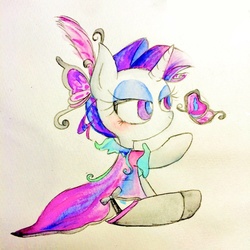 Size: 1024x1024 | Tagged: safe, artist:poa, rarity, butterfly, g4, clothes, dress, eyes open, female, mare, simple background, solo, traditional art, white background