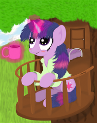 Size: 1500x1900 | Tagged: safe, artist:mrpudding701, twilight sparkle, pony, g4, balcony, blushing, clothes, cup, drink, female, magic, morning ponies, mug, pajamas, solo, telekinesis