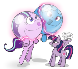 Size: 1280x1143 | Tagged: safe, artist:redflare500, starlight glimmer, trixie, twilight sparkle, alicorn, pony, unicorn, g4, ball, big lips, female, glimmerball, inanimate tf, inflatable, mare, objectification, transformation, trixieball, twilight sparkle (alicorn), wat