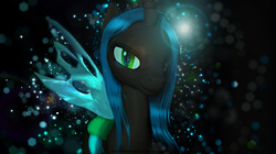 Size: 4096x2298 | Tagged: safe, artist:princeoracle, queen chrysalis, changeling, changeling queen, g4, 3d, female, gmod, high res, lens flare, looking at you, smiling, sparkles