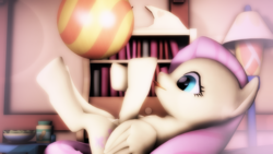 Size: 2560x1440 | Tagged: safe, artist:redaceofspades, fluttershy, pony, g4, 3d, ball, book, bookshelf, chair, cute, lamp, on back, playing, shyabetes, silly, silly pony, source filmmaker, tongue out