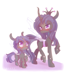 Size: 900x1000 | Tagged: safe, artist:riouku, oc, oc only, oc:amethyst, oc:ember song, changeling, changeling queen, nymph, changeling oc, changeling queen oc, female, filly, mother and daughter, offspring, parent:oc:ember song, purple changeling, raised hoof, smiling