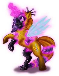 Size: 738x944 | Tagged: safe, artist:keetah-spacecat, oc, oc only, oc:ember song, changeling, changeling queen, changeling oc, changeling queen oc, female, grin, magic, purple changeling, rearing, solo