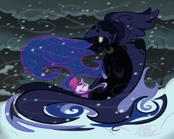 Size: 2000x1600 | Tagged: safe, artist:smooth-criminal-13, princess luna, snowfall frost, spirit of hearth's warming yet to come, starlight glimmer, a hearth's warming tail, g4, blizzard, cloak, clothes, glowing eyes, snow, snowfall