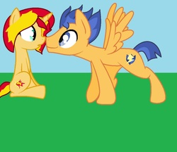 Size: 961x832 | Tagged: safe, artist:jolteonlove33, flash sentry, sunset shimmer, pony, unicorn, g4, boop, cute, diasentres, female, male, noseboop, shimmerbetes, ship:flashimmer, shipping, spread wings, straight, sweet dreams fuel, wingboner, wings