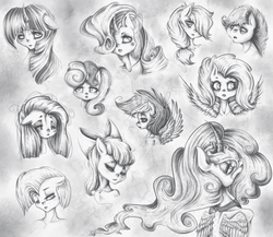 Size: 2300x2000 | Tagged: safe, artist:lunar-sugar, apple bloom, applejack, babs seed, fluttershy, pinkie pie, princess luna, rainbow dash, rarity, scootaloo, sweetie belle, twilight sparkle, g4, black and white, cutie mark crusaders, grayscale, high res, mane six, monochrome