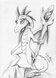 Size: 1681x2335 | Tagged: safe, artist:3500joel, princess ember, dragon, g4, bloodstone scepter, dragon lord ember, female, grayscale, looking at you, monochrome, smiling, solo, traditional art