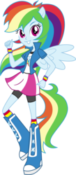 Size: 3000x6850 | Tagged: safe, artist:aqua-pony, rainbow dash, equestria girls, g4, absurd resolution, boots, clothes, compression shorts, female, inkscape, looking at you, ponied up, rainbow socks, raised leg, shorts, simple background, skirt, smiling, socks, solo, striped socks, transparent background, vector, wristband
