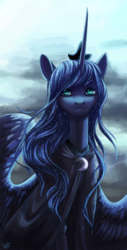 Size: 1017x1998 | Tagged: safe, artist:weird--fish, princess luna, alicorn, pony, g4, cloak, clothes, female, solo, spread wings