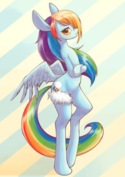 Size: 2039x2894 | Tagged: safe, artist:unousaya, rainbow dash, pony, semi-anthro, g4, arm hooves, belly button, bipedal, butt wings, crossed arms, female, garter, high res, solo