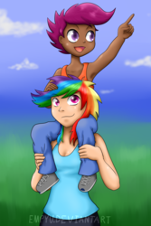 Size: 1000x1500 | Tagged: safe, artist:empyu, rainbow dash, scootaloo, human, g4, best sisters, carrying, cleavage, clothes, dark skin, duo, female, humanized, open mouth, scootalove, shoulder ride, tank top