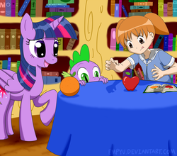 Size: 1136x1000 | Tagged: safe, artist:empyu, spike, twilight sparkle, alicorn, human, pony, g4, apple, azumanga daioh, crossover, female, food, mare, mihama chiyo, open mouth, orange, raised hoof, trio, twilight sparkle (alicorn)