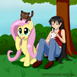 Size: 1200x1200 | Tagged: safe, artist:empyu, angel bunny, fluttershy, cat, human, pegasus, pony, g4, azumanga daioh, clothes, crossover, duo, female, maayaa, mare, open mouth, sakaki, tank top