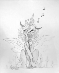 Size: 1025x1258 | Tagged: safe, artist:valcron, queen chrysalis, changeling, changeling queen, g4, alternate hairstyle, crown, female, grayscale, jewelry, microphone, monochrome, open mouth, regalia, singing, solo, traditional art