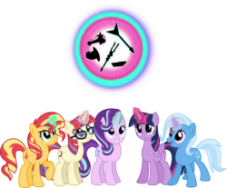 Size: 5462x4523 | Tagged: safe, artist:osipush, moondancer, starlight glimmer, sunset shimmer, trixie, twilight sparkle, alicorn, pony, unicorn, g4, absurd resolution, counterparts, electric guitar, element of magic, group, guitar, inkscape, looking up, magic, magical quartet, magical quintet, magical trio, musical instrument, open mouth, s5 starlight, simple background, staff, staff of sameness, telekinesis, transparent background, trixie's hat, twilight sparkle (alicorn), twilight's counterparts, vector