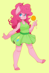 Size: 1440x2149 | Tagged: safe, artist:arachne149, pinkie pie, earth pony, anthro, unguligrade anthro, g4, candy, clothes, dress, female, food, lollipop, looking at you, solo, unshorn fetlocks