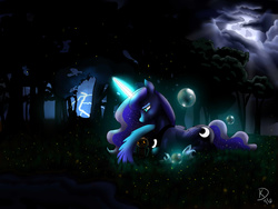 Size: 3600x2700 | Tagged: safe, artist:theoddlydifferentone, princess luna, firefly (insect), owl, g4, bubble, crepuscular rays, female, forest, high res, lightning, magic, moon, night, prone, protecting, solo