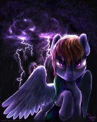 Size: 2000x2500 | Tagged: safe, artist:nemo2d, rainbow dash, g4, female, fluffy, high res, lightning, rain, raised hoof, signature, solo, spread wings, stormcloud, wet mane
