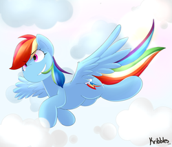 Size: 1280x1088 | Tagged: safe, artist:kribbles, rainbow dash, pegasus, pony, g4, cloud, female, flying, mare, signature, sky, smiling, solo, spread wings, wings