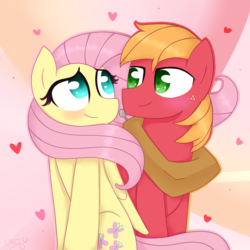 Size: 1000x1000 | Tagged: dead source, safe, artist:ultrard, big macintosh, fluttershy, earth pony, pony, g4, abstract background, blushing, colored pupils, duo, eye contact, heart, looking at each other, male, ship:fluttermac, shipping, signature, stallion, straight