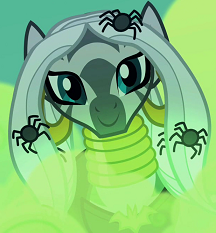 Size: 216x233 | Tagged: safe, screencap, zecora, spider, zebra, g4, luna eclipsed, alternate hairstyle, beautiful, clothes, costume, cropped, ear piercing, earring, female, jewelry, long hair, mare, neck rings, nightmare night costume, piercing, smiling, solo, witch