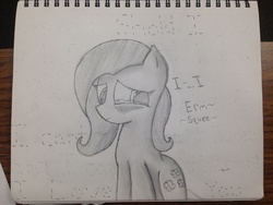 Size: 3264x2448 | Tagged: safe, artist:mranthony2, fluttershy, g4, blushing, can't decide, crying, cute, female, high res, looking away, monochrome, shy, sitting, solo, stuttering, thinking, traditional art, wingless