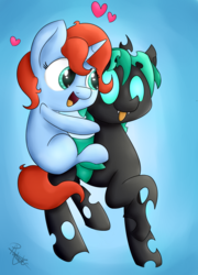 Size: 1915x2662 | Tagged: safe, artist:pucksterv, oc, oc only, oc:panic moon, oc:rallsy, changeling, pony, unicorn, cute, female, heart, hug, male, smiling, tongue out