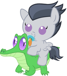 Size: 856x967 | Tagged: safe, artist:red4567, gummy, rumble, pony, g4, baby, baby pony, cute, pacifier, ponies riding gators, riding, rumblebetes, weapons-grade cute