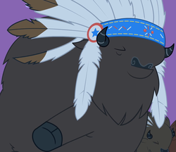 Size: 833x720 | Tagged: safe, screencap, chief thunderhooves, bison, buffalo, g4, over a barrel, cloven hooves, cropped, eyes closed, feather, male, solo focus, unnamed buffalo, unnamed character