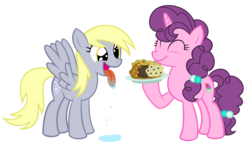 Size: 5898x3500 | Tagged: safe, artist:kuren247, derpy hooves, sugar belle, pegasus, pony, g4, absurd resolution, drool, female, food, happy, mare, muffin, proud, smiling, that pony sure does love muffins, tongue out