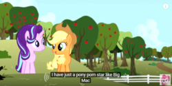 Size: 685x343 | Tagged: safe, edit, edited screencap, screencap, applejack, big macintosh, starlight glimmer, earth pony, pony, unicorn, g4, no second prances, big macintosh gets all the mares, caption, female, implied big macintosh, implied porn, male, mare, meme, stallion, tree, youtube caption