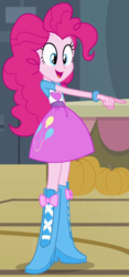 Size: 411x878 | Tagged: safe, screencap, pinkie pie, equestria girls, g4, balloon, boots, bracelet, clothes, female, high heel boots, jewelry, pumpkin, skirt, solo