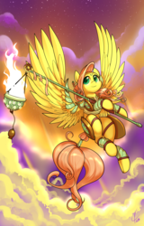 Size: 1000x1563 | Tagged: safe, artist:valcron, fluttershy, pegasus, pony, g4, armor, cloud, ear piercing, earring, female, fire, flying, large wings, mare, piercing, smiling, solo, spread wings, tail wrap