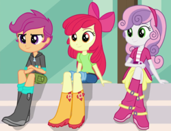 Size: 750x575 | Tagged: safe, screencap, apple bloom, scootaloo, sweetie belle, equestria girls, g4, my little pony equestria girls: friendship games, boots, clothes, crossed legs, cutie mark crusaders, jacket, jeans, pants, shirt, shoes, shorts, sitting, skirt