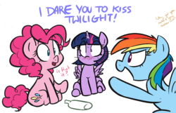 Size: 894x575 | Tagged: safe, artist:shoutingisfun, pinkie pie, rainbow dash, twilight sparkle, alicorn, earth pony, pegasus, pony, g4, blushing, colored, dialogue, embarrassed, female, imminent kissing, implied applejack, lesbian, mare, offscreen character, open mouth, pointing, ship:twinkie, shipper on deck, shipping, simple background, sitting, spread wings, sweat, truth or dare, twilight sparkle (alicorn), white background, wingboner