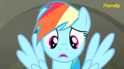 Size: 1600x900 | Tagged: safe, screencap, rainbow dash, g4, the saddle row review, discovery family logo, female, solo