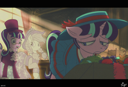 Size: 1339x912 | Tagged: safe, artist:jowyb, applejack, snowfall frost, spirit of hearth's warming past, starlight glimmer, a hearth's warming tail, g4, clothes, glasses, hat, letterboxing, scene interpretation, top hat