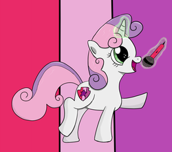Size: 2381x2100 | Tagged: safe, artist:darelith, sweetie belle, g4, backwards cutie mark, colored sketch, cutie mark, female, high res, magic, microphone, open mouth, singing, solo, the cmc's cutie marks